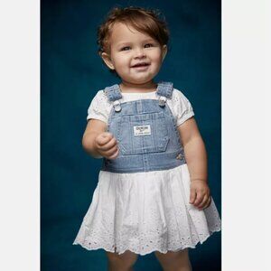 OshKosh Overalls Baby‎ Girls 2T Jumper Denim Jean Dress White Eyelet Skirt NWT!